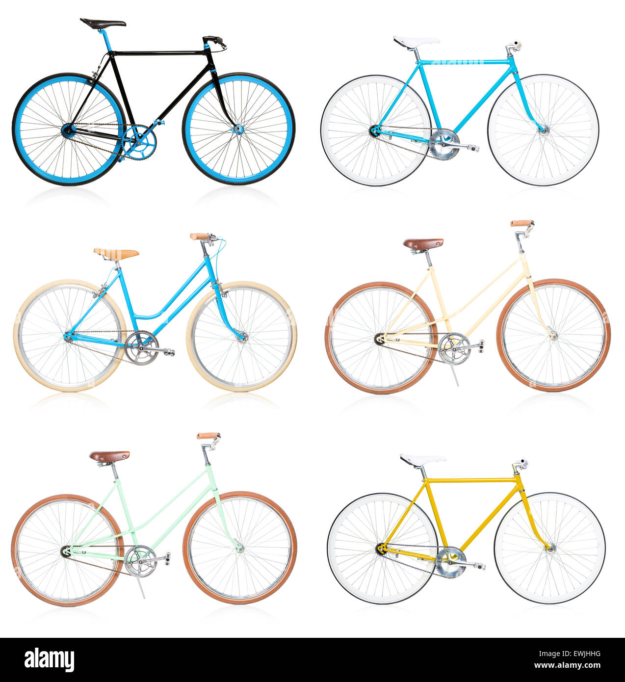 Collection of stylish colorful hipsters bicycle isolated on white background Stock Photo