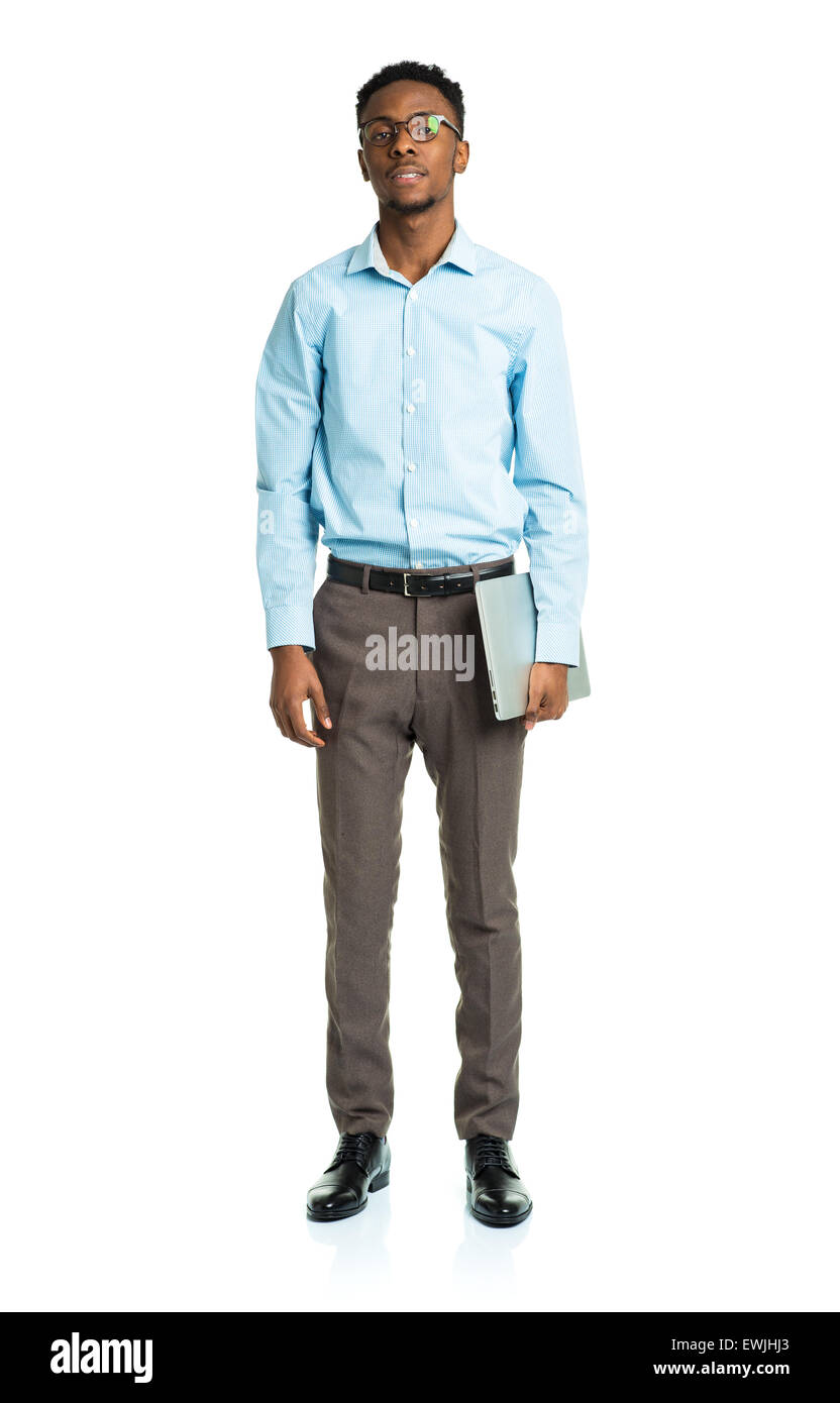 African american college student with laptop standing on white background Stock Photo