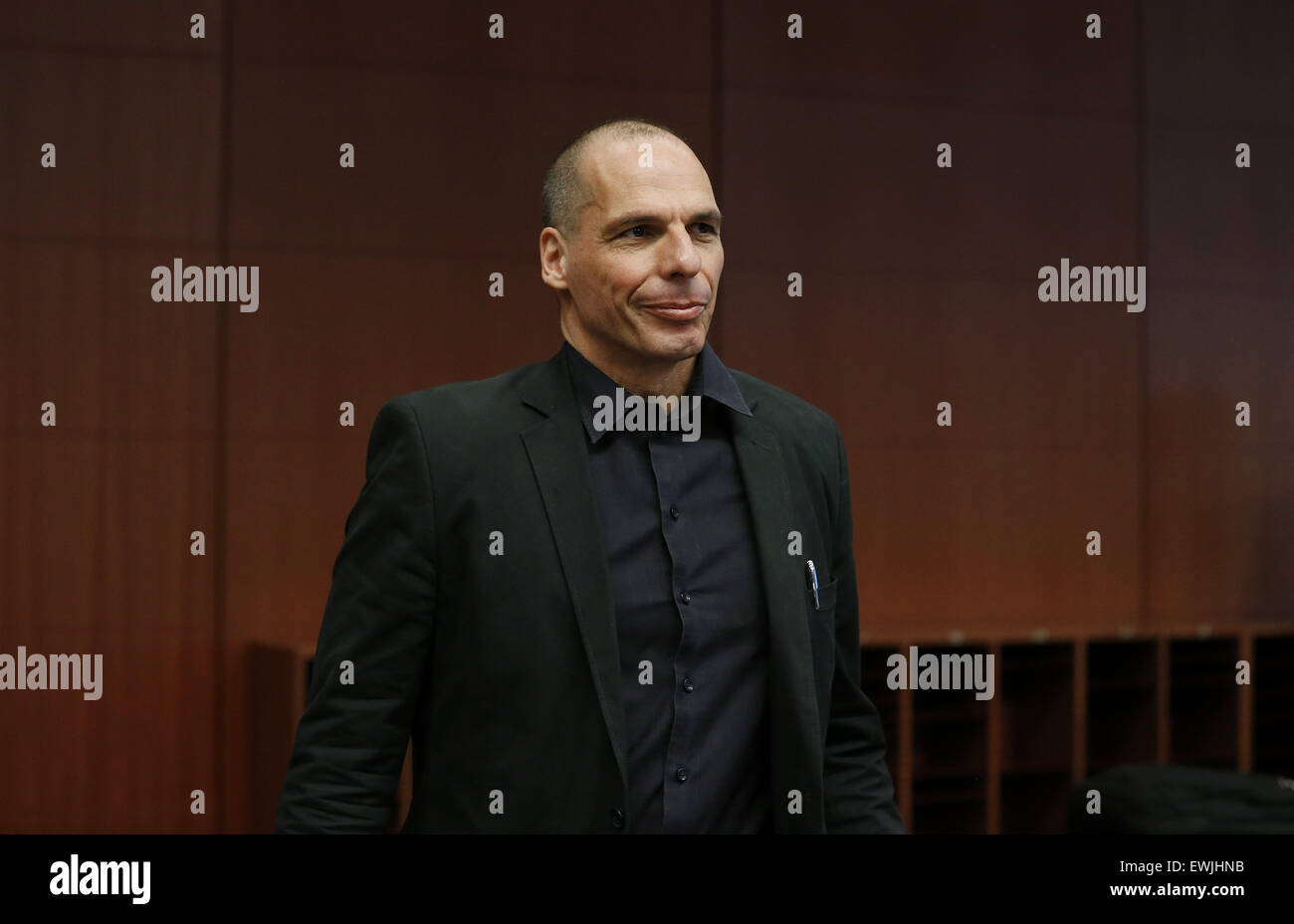 Brussels, Belgium. 27th June, 2015. Greek Finance Minister Yanis Varoufakis attends a Eurozone finance ministers emergency meeting on the situation in Greece in Brussels, Belgium, June 27, 2015. Credit:  Ye Pingfan/Xinhua/Alamy Live News Stock Photo