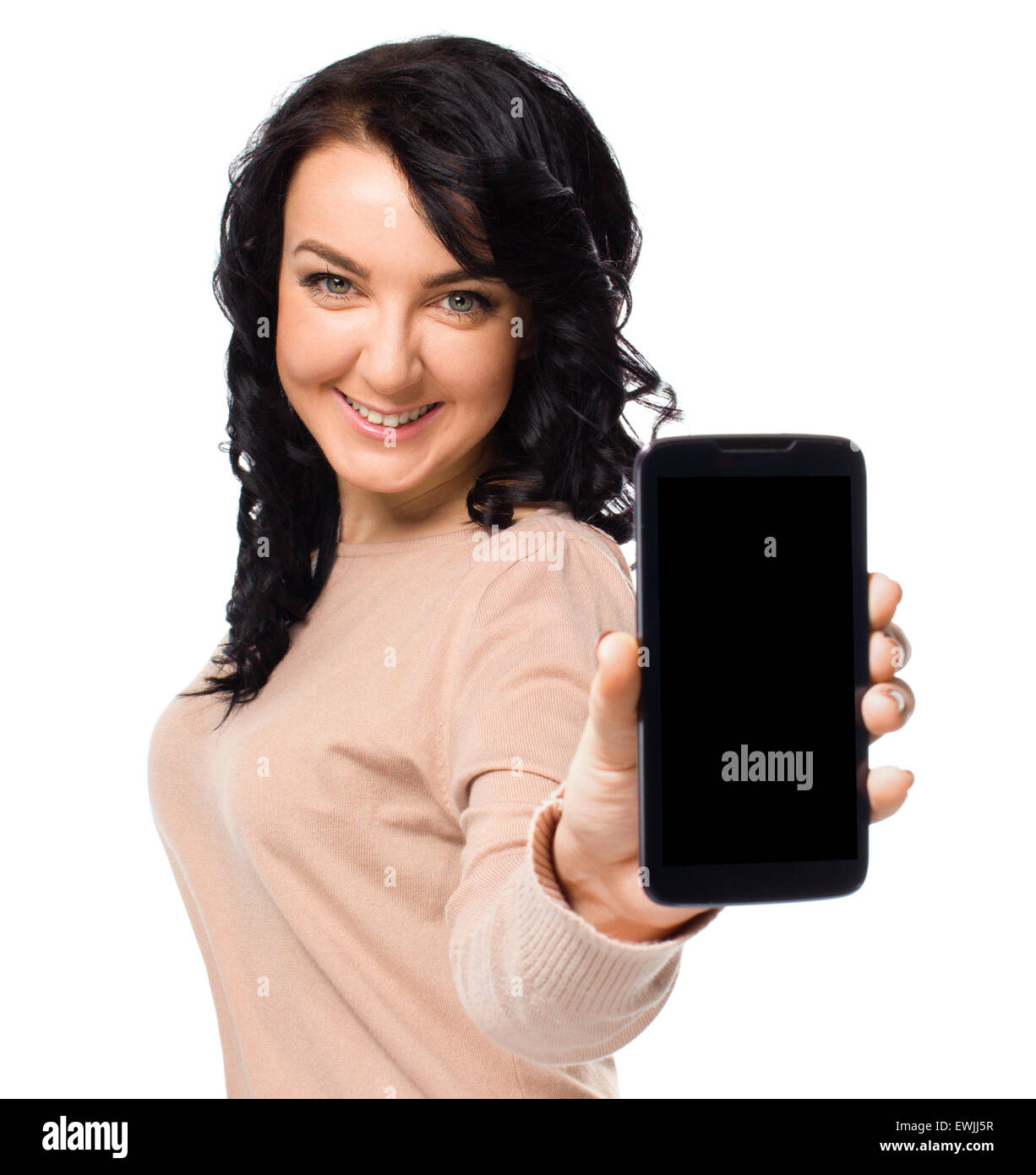 Young woman show display of mobile cell phone with black screen