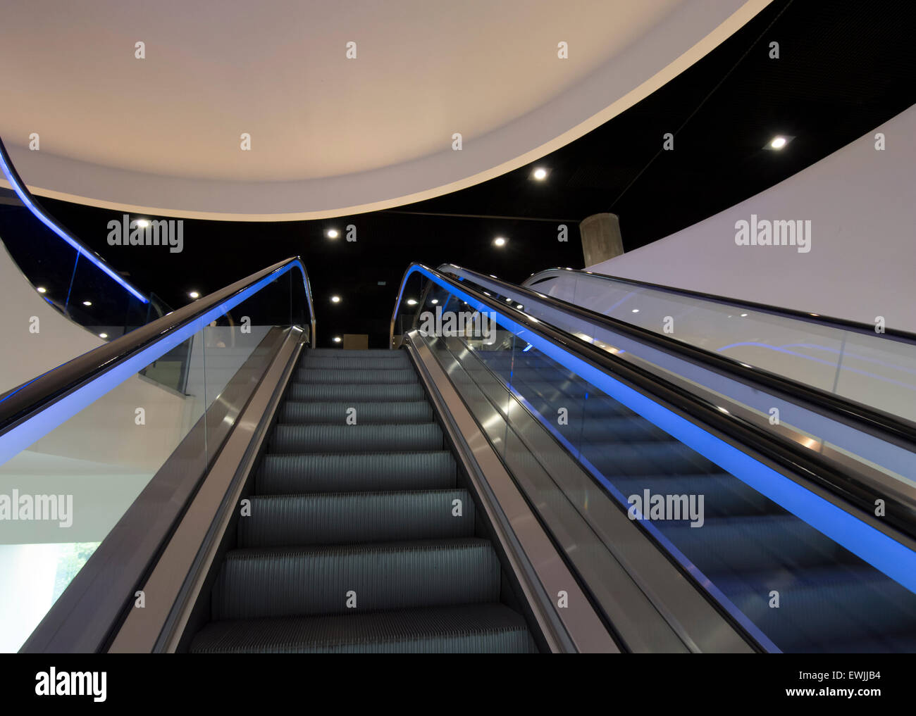 Futuristic interior of the Library of Birmingham with futuristic escalators. Stock Photo