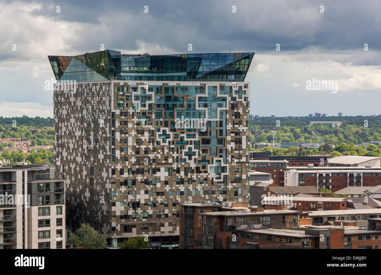 View from the roof garden of the Library of Birmingham across the city, showing the Cube and other development. Stock Photo