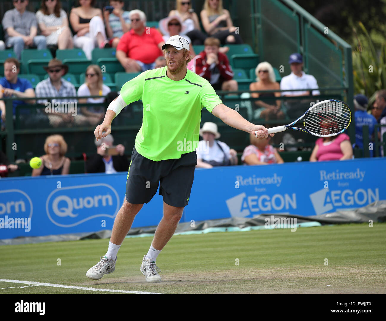 Nottingham, UK. 27th June, 2015. Aegon Nottingham Open Tennis Tournament. Chris Guccione (AUS) partnering Andre Sa (Brazil) reaches for a forehand as they win the doubles final Credit:  Action Plus Sports/Alamy Live News Stock Photo