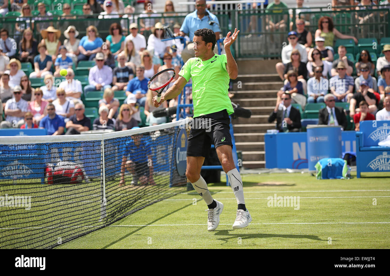 Nottingham, UK. 27th June, 2015. Aegon Nottingham Open Tennis Tournament. Volley from Andre Sa (BRA) partnering Chris Guccione (AUS) who together won the men's doubles final Credit:  Action Plus Sports/Alamy Live News Stock Photo