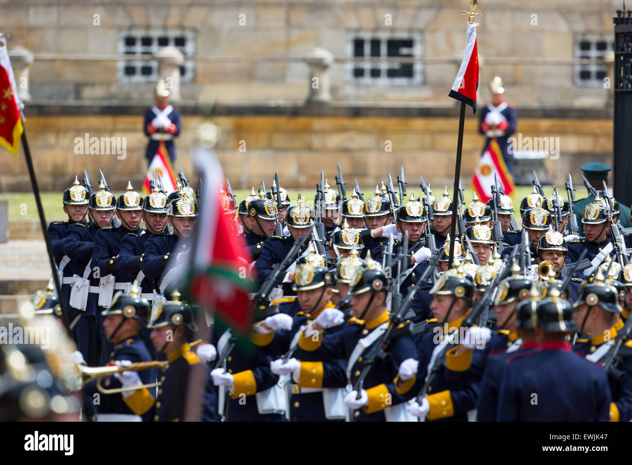 The ceremonial guard and marching military band arriving at the President's residence in Bogota, Colombia Stock Photo