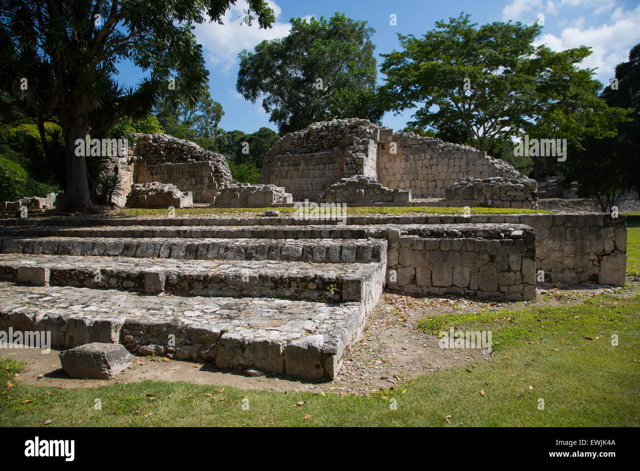 The Edzna Maya archaeological site in Campeche, Mexico with plaza and temple Stock Photo