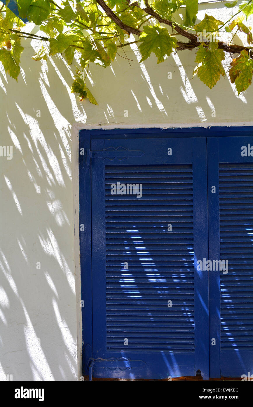 Vine leaves making shadows on a white wall in the small village of Loutro in Southwest Crete, Greece Stock Photo