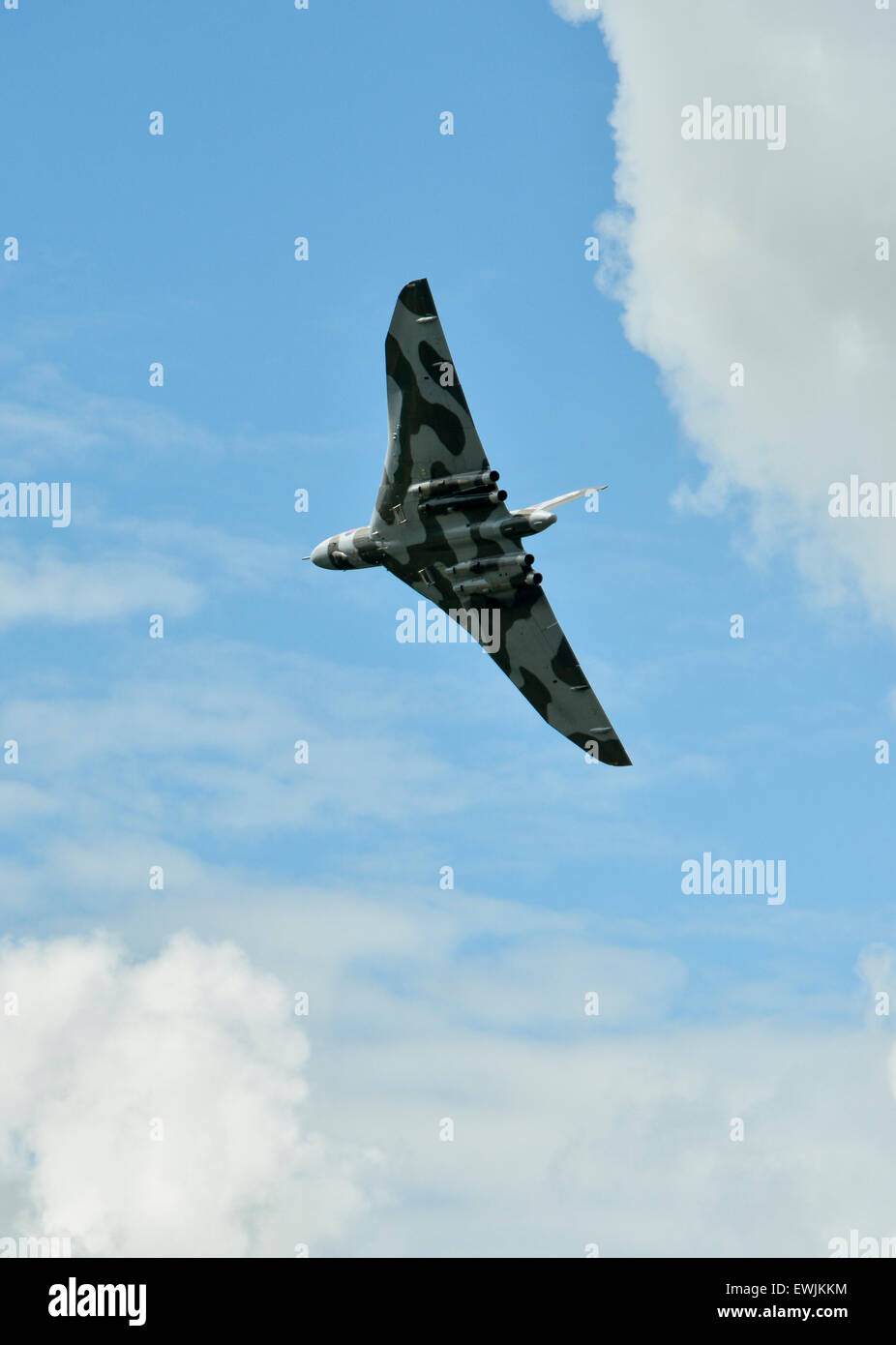 Carlisle Airport, Cumbria, UK. 27th June, 2015. Vulcan bomber marks Armed Forces Day in the UK. The Worlds last flying Avro Vulcan bomber XH558 flies a display over Carlisle Airport, Cumbria part of the nationwide V Force Tour before the aircraft retires from flying duty. Credit:  STUART WALKER/Alamy Live News Stock Photo