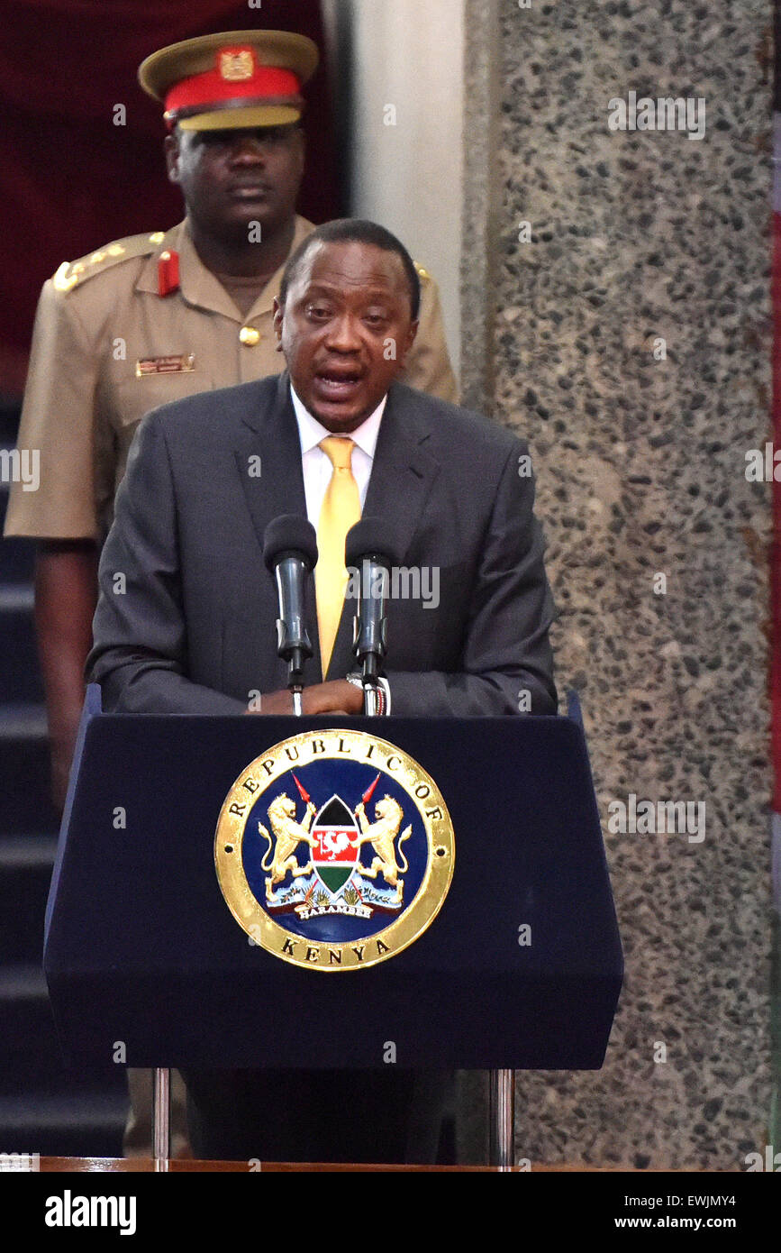 (150627)-- NAIROBI, June 27, 2015 (Xinhua) -- Kenyan President Uhuru Kenyatta delivers a closing speech during the regional countering violent extremism conference in Nairobi, Kenya, June 27, 2015. The Kenyan President Uhuru Kenyatta on Saturday vowed not to relent in the war against terrorism, saying bold and coordinated actions from international community were critical to eliminate violent extremism. (Xinhua/Sun Ruibo) (dzl) Stock Photo