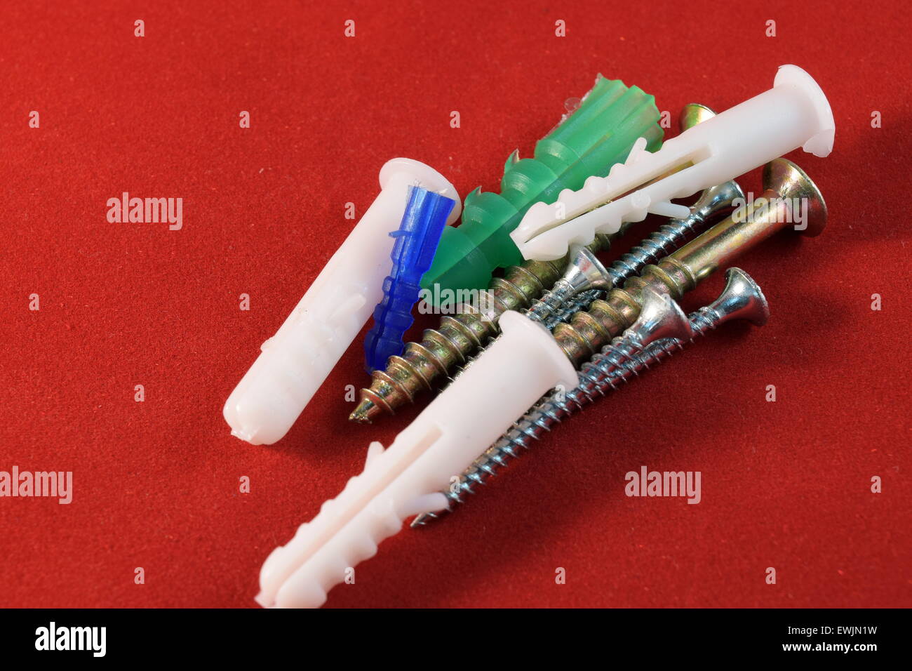 Close up different kinds and number of screws, Rawlplug and Drill Bits