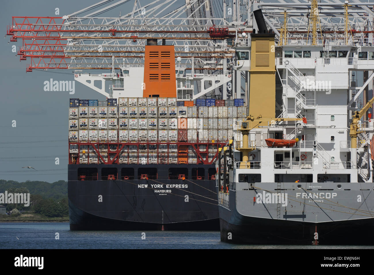 Container ship New York express and Francop docked at Southampton Stock Photo