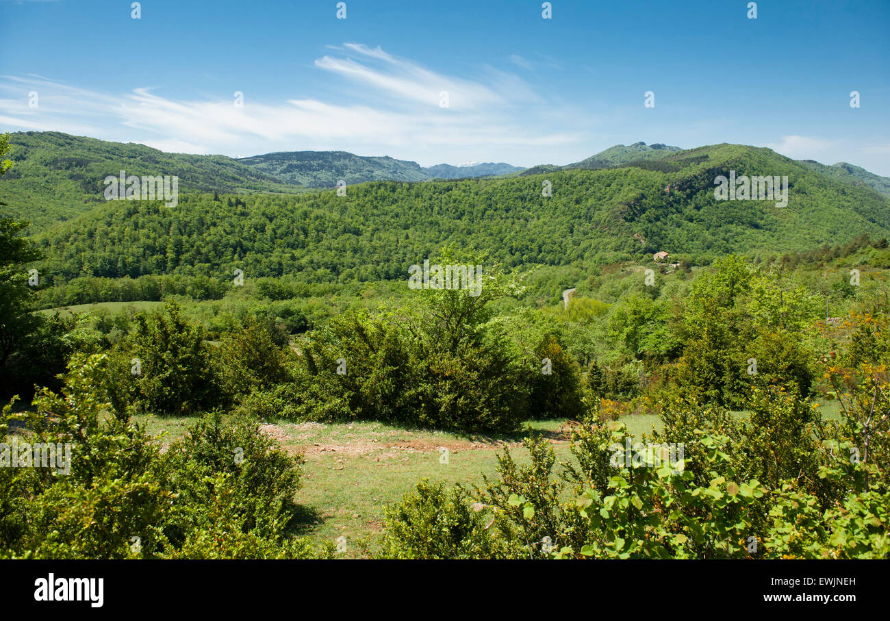 View when hiking at Pech de Bugarach across the foothills of the Pyrenees in the south of France Stock Photo