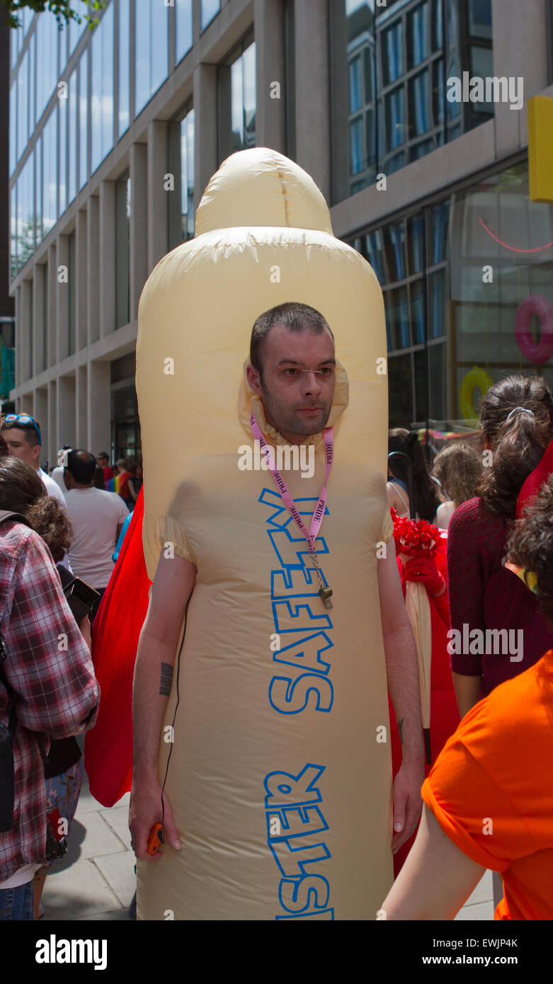 A man dressed as a condom promotes safe sex at Gay Pride in London Stock Photo
