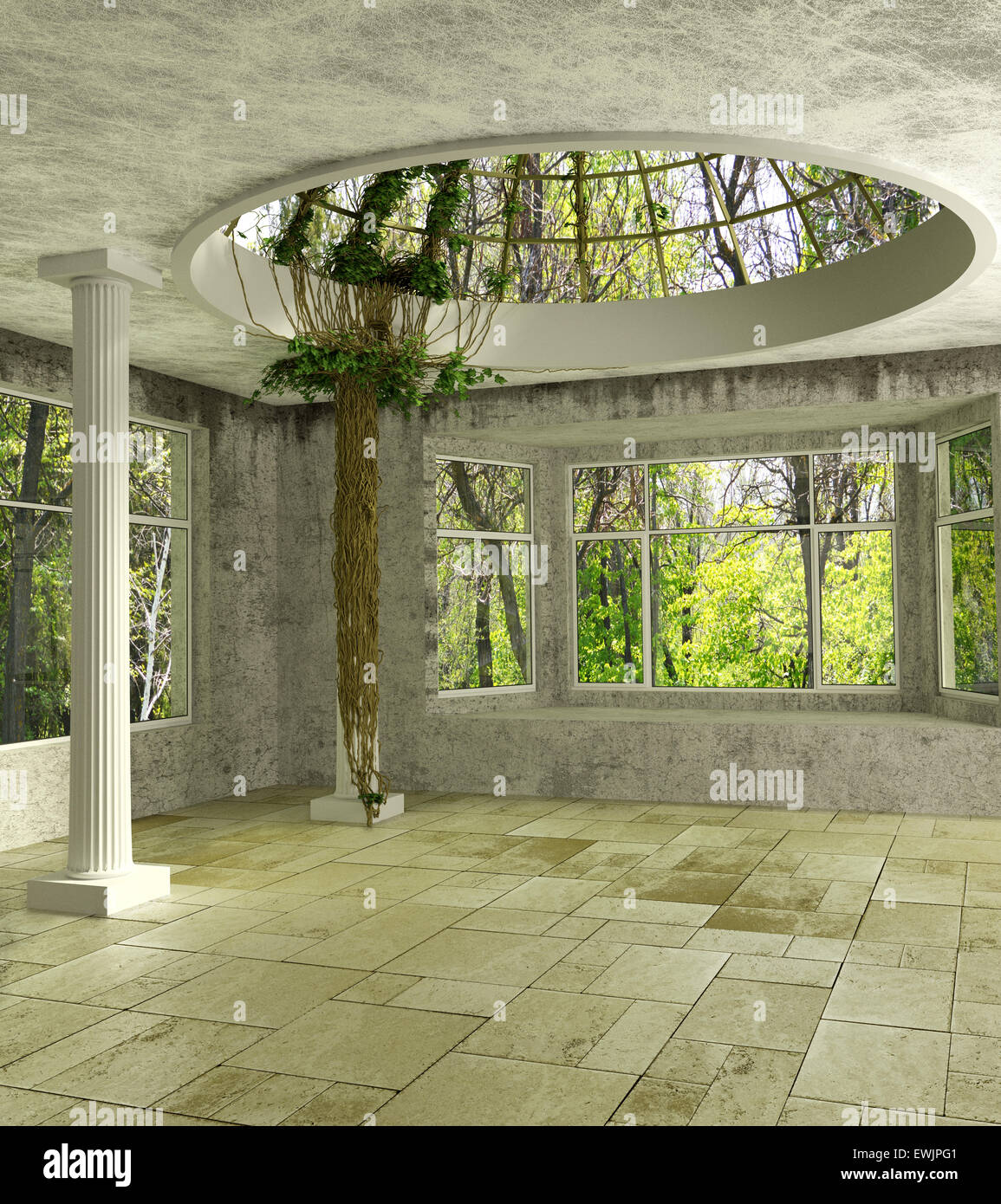 Luxury 3d Lounge Room With An Ivy Columns And A Glass Dome