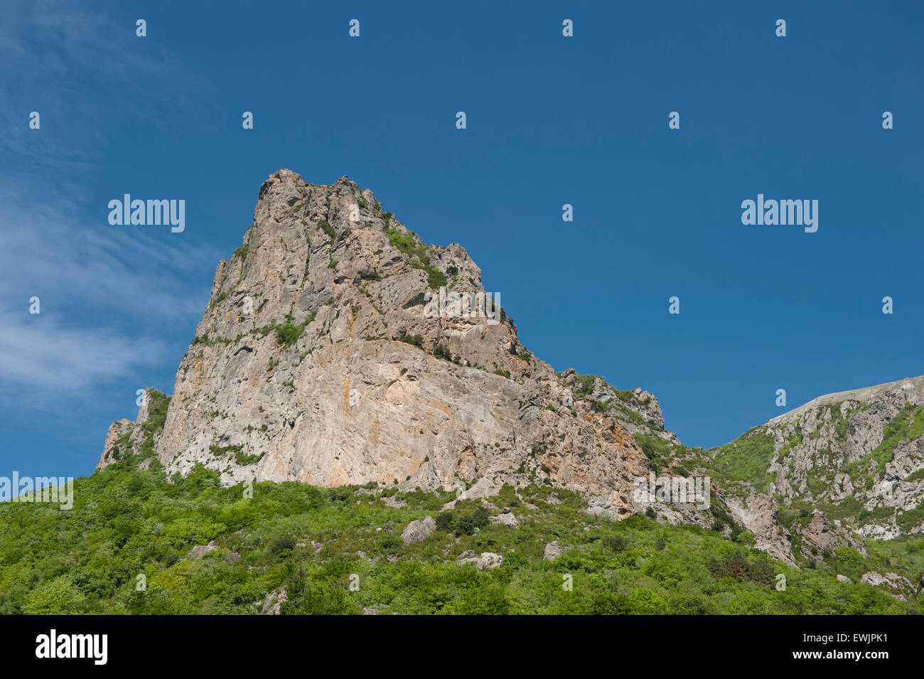 The legendary Pech (or Pic) de Bugarach, known as survival place for the end of the world and UFO sightings, Aude, France Stock Photo