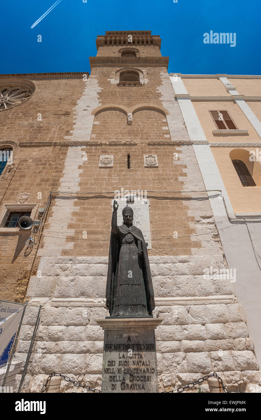 Italy Apulia Gravina in Puglia Satue of Pope Benedict XIII and Belltower of cathedral Stock Photo
