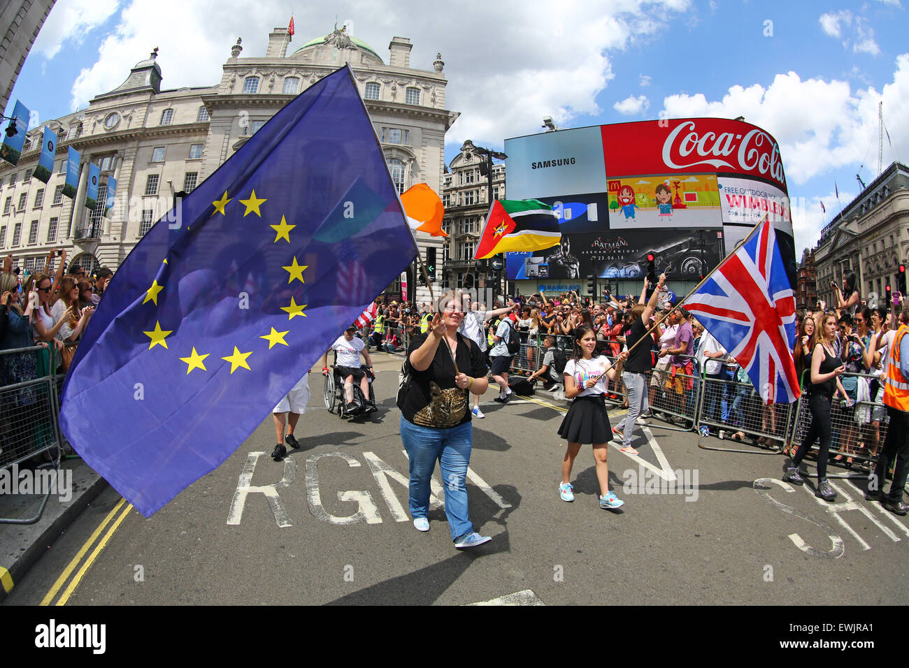 London, UK. 27th June 2015. Participants with flags of all nations at the London Pride Parade 2015 Credit:  Paul Brown/Alamy Live News Stock Photo