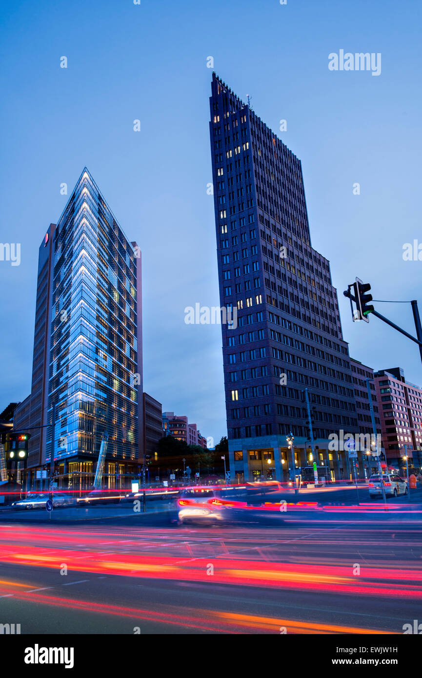 Light trails from traffic at Potsdamer Platz in Berlin, Germany Stock Photo