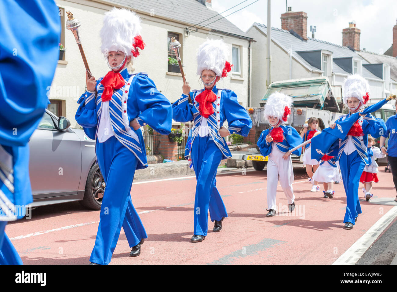 Marching band at St Clears Carnival June 2015 in Pembrokeshire Wales.  Town parade. Stock Photo