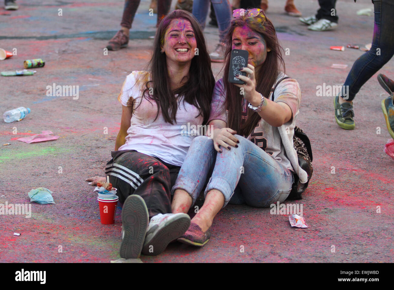 ISTANBUL, TURKEY - MAY 17, 2015: Girls take selfie and have fun in colors  during Color Up Run, Istanbul Stock Photo - Alamy