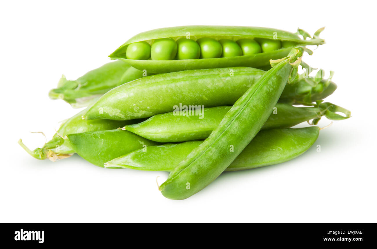 Pile of fresh green peas in the pods isolated on white background Stock Photo