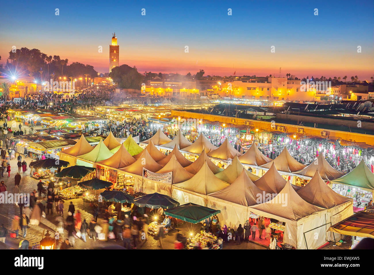Djemaa el-Fna square at dusk, Marrakech, Morocco, Africa Stock Photo