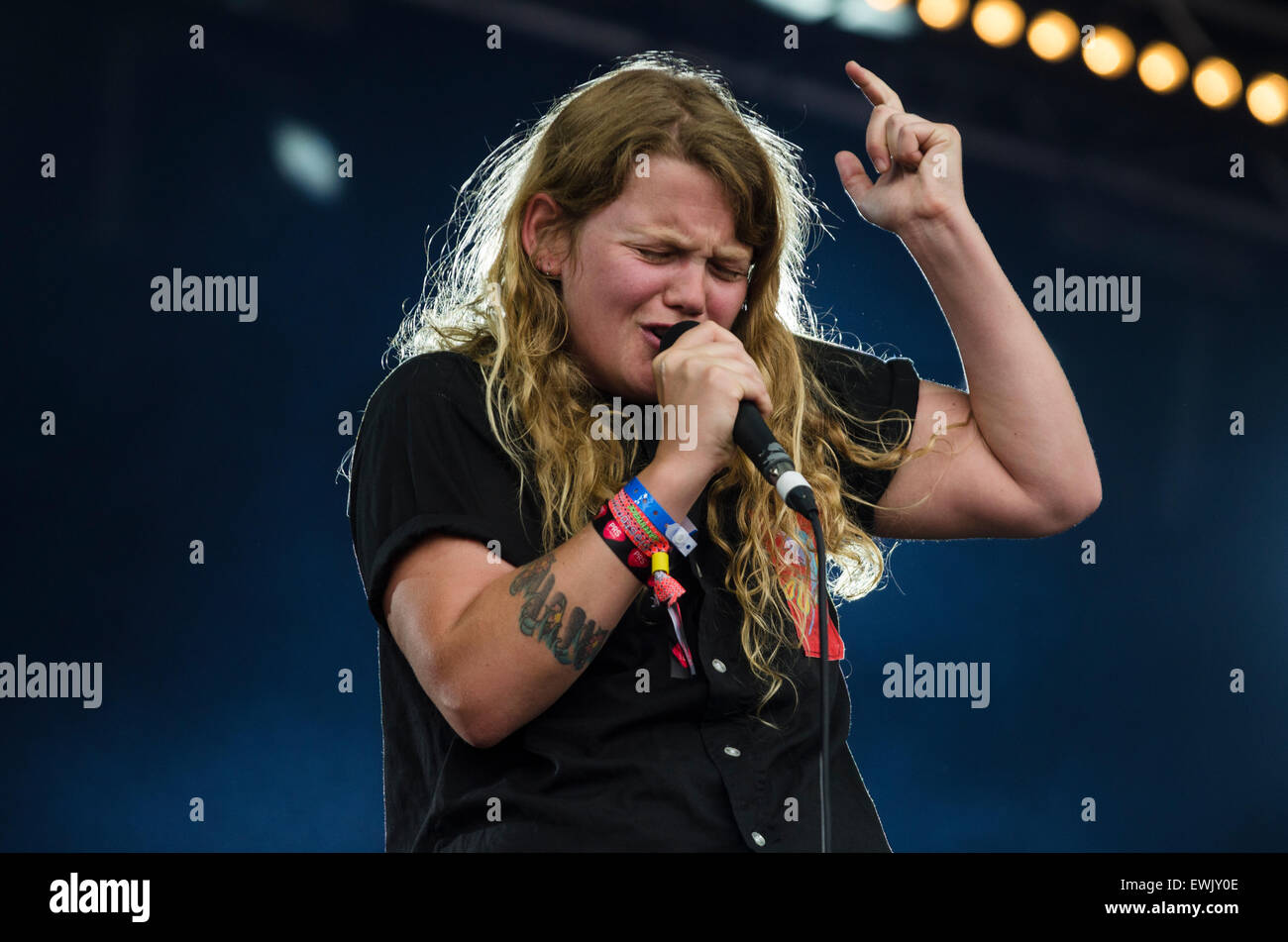 Glastonbury Festival, UK. 27th June, 2015. Kate Tempest performs live on the Park stage at Glastonbury Festival on Saturday evening, in what she claims is the biggest stage event of her career. Stock Photo