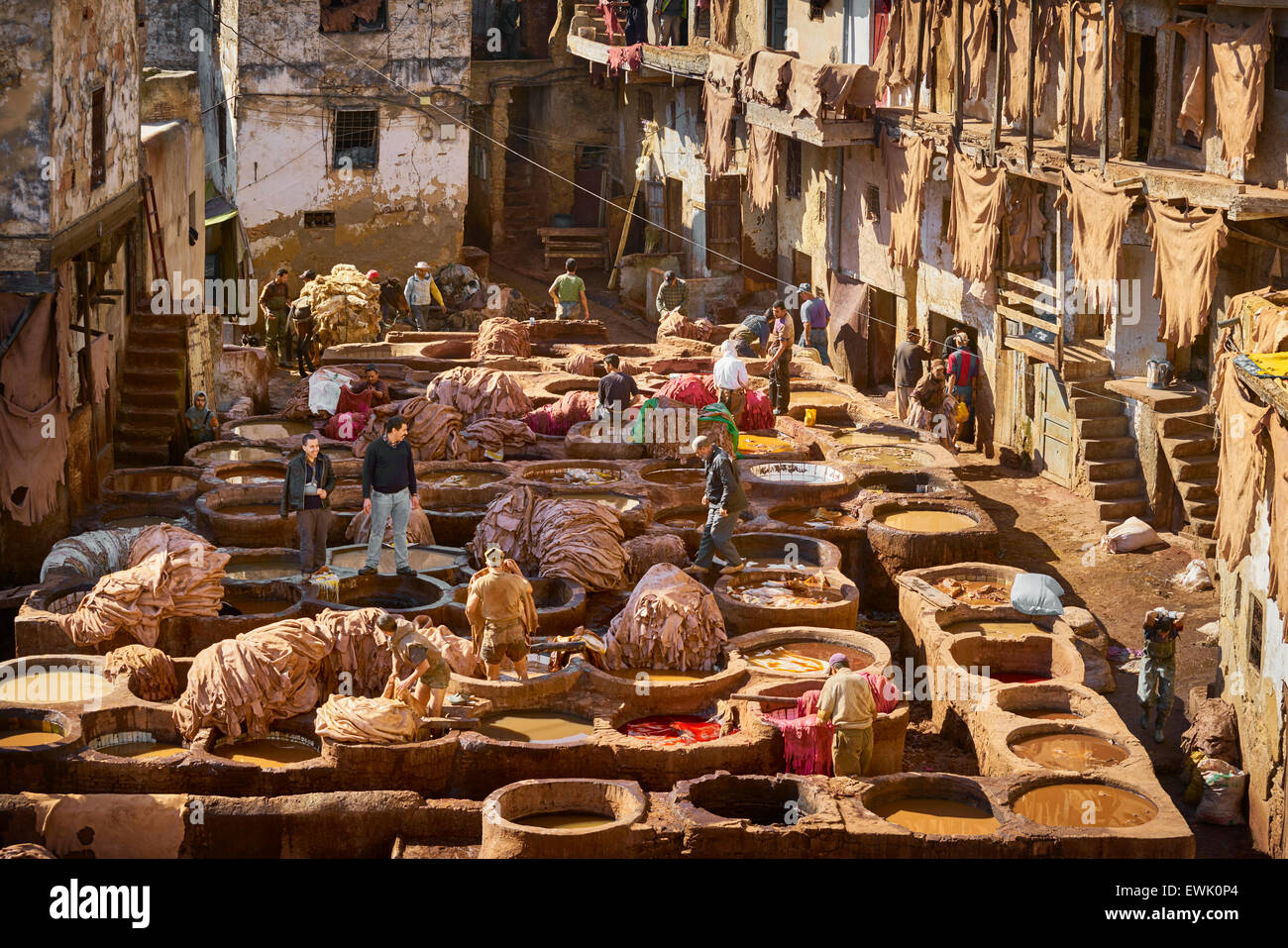 Traditional leather Chouwara Tannery, Fez Medina, Morocco, Africa Stock Photo