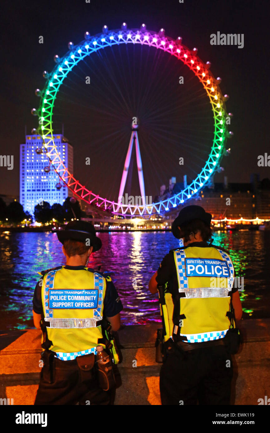 London, UK. 27th June 2015. London Eye is illuminated in rainbow colours for London Pride 2015 Credit:  Paul Brown/Alamy Live News Stock Photo