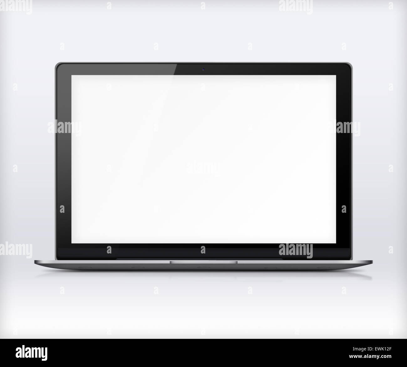 Modern glossy laptop with blank white screen, reflection and shadows on