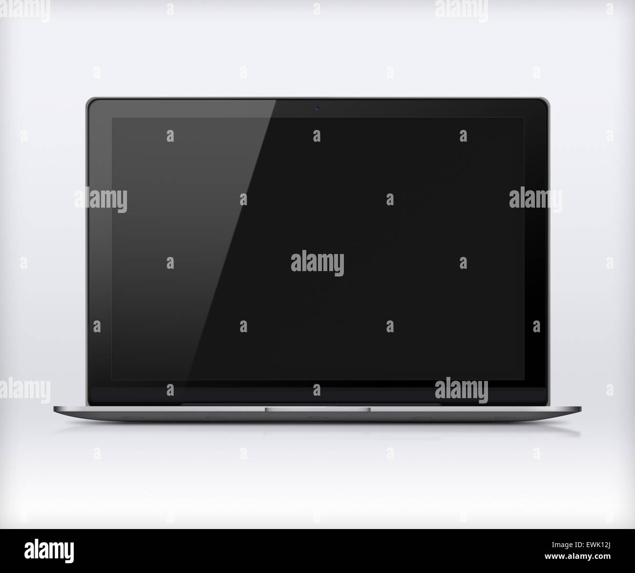 Modern glossy laptop with black screen, reflection and shadows on gray