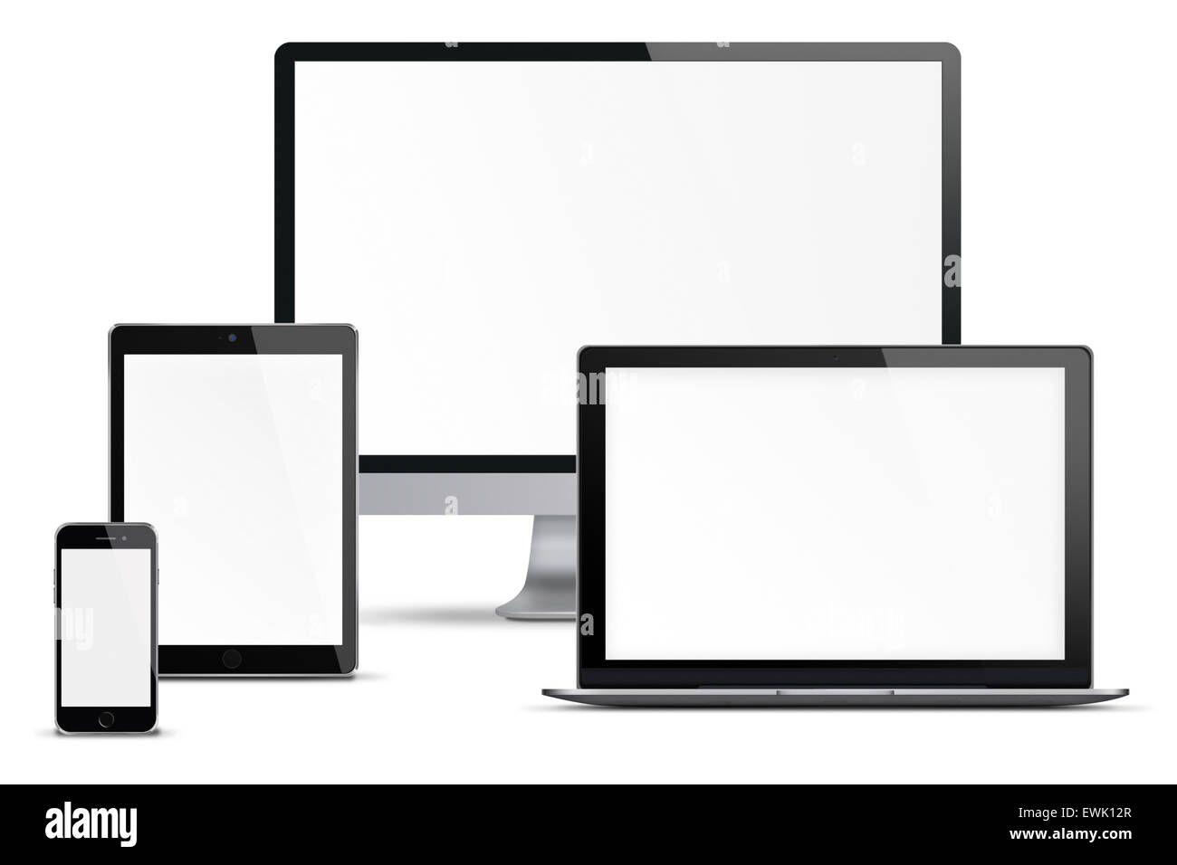 Computer monitor, mobile phone, smartphone, laptop and tablet pc with blank screen isolated on white background. Highly detailed Stock Photo