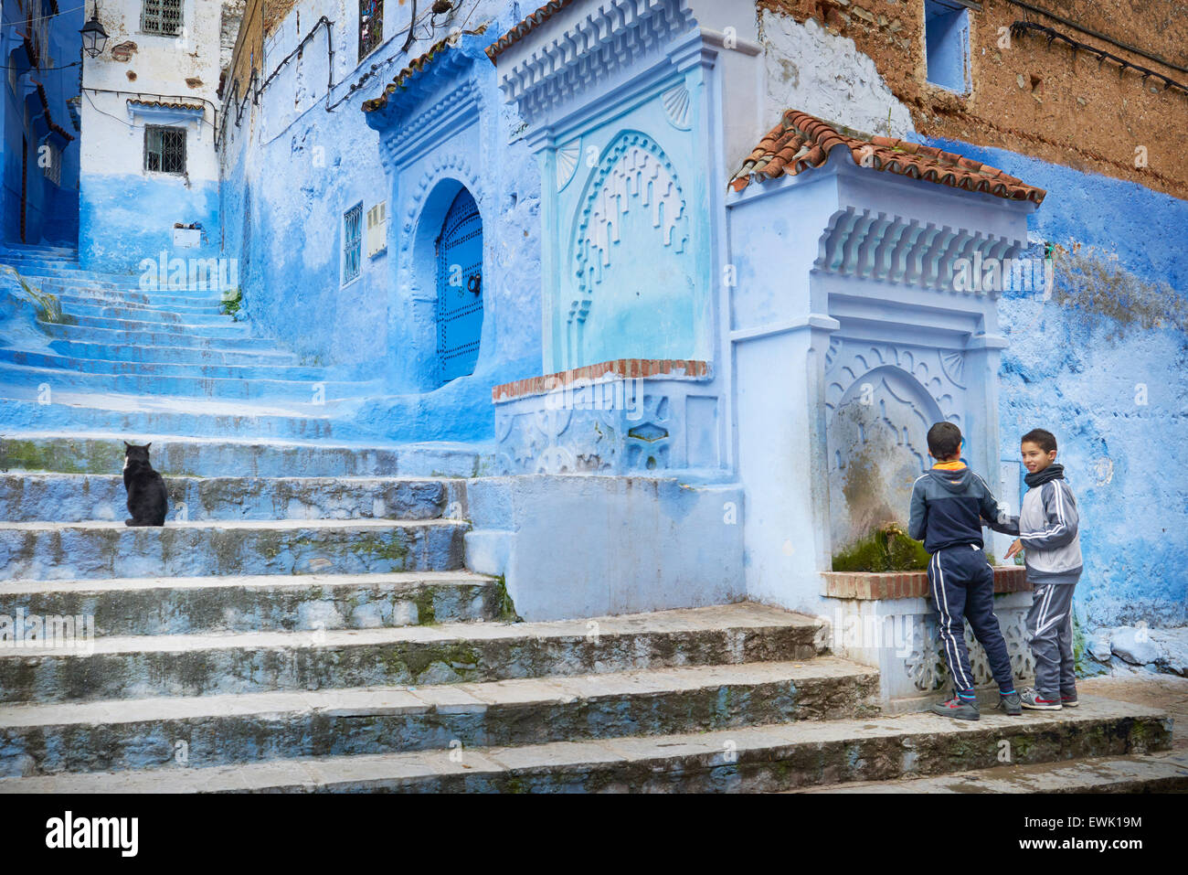 Blue painted walls in old medina of Chefchaouen (Blue City), Morocco, Africa Stock Photo