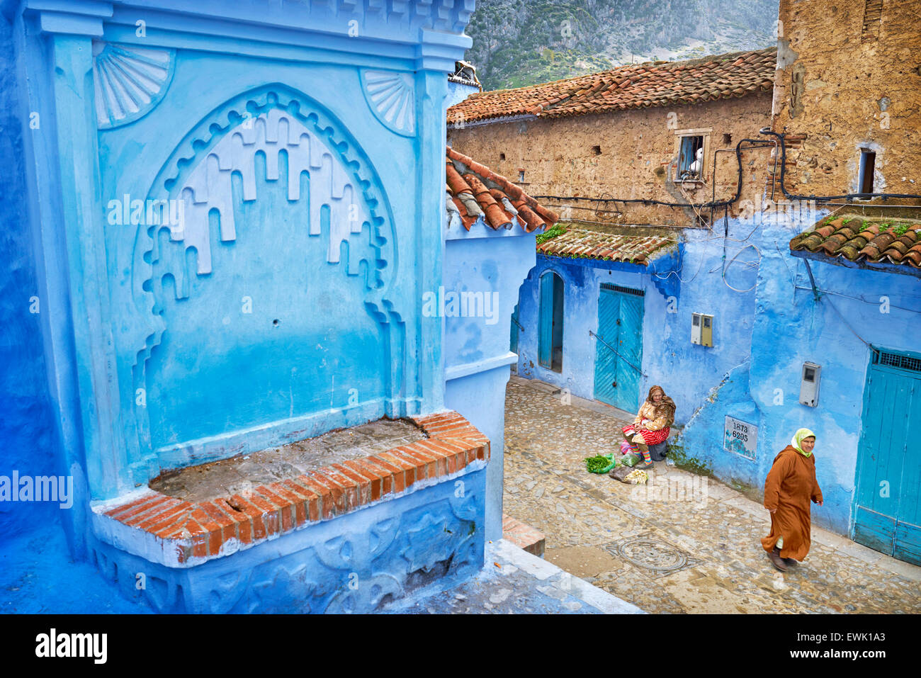 Blue painted walls in old medina of Chefchaouen, Morocco, Africa Stock Photo