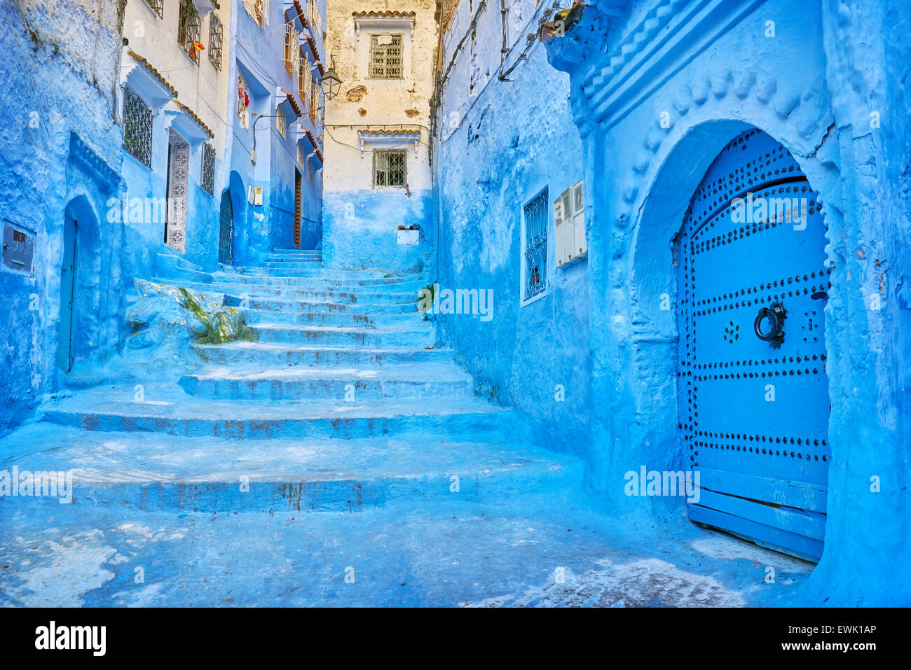 Blue painted walls in old medina of Chefchaouen, Morocco, Africa Stock Photo