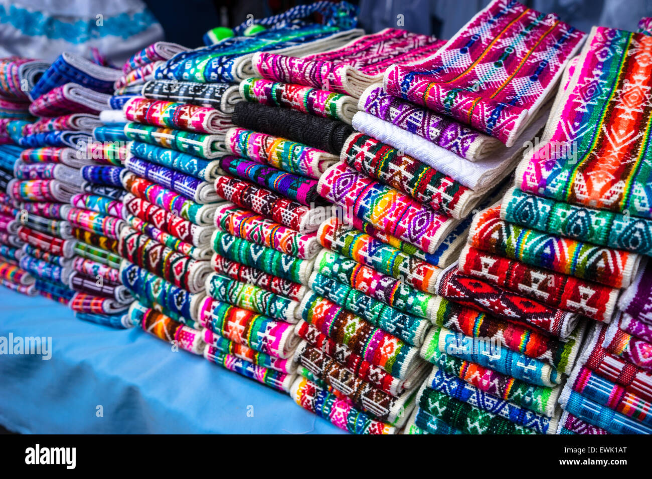 Hand embroidered women's belts from the Otavalo indigenous market, Ecuador. Stock Photo