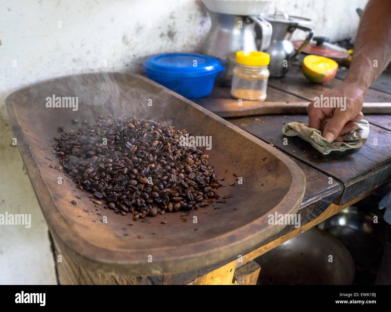 Freshly roasted organic Colombian coffee from Finca Don Eduardo, Salento, Colombia. Stock Photo