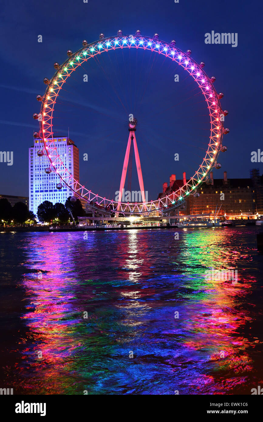 London, UK. 27th June 2015. London Eye is illuminated in rainbow colours for London Pride 2015 Credit:  Paul Brown/Alamy Live News Stock Photo