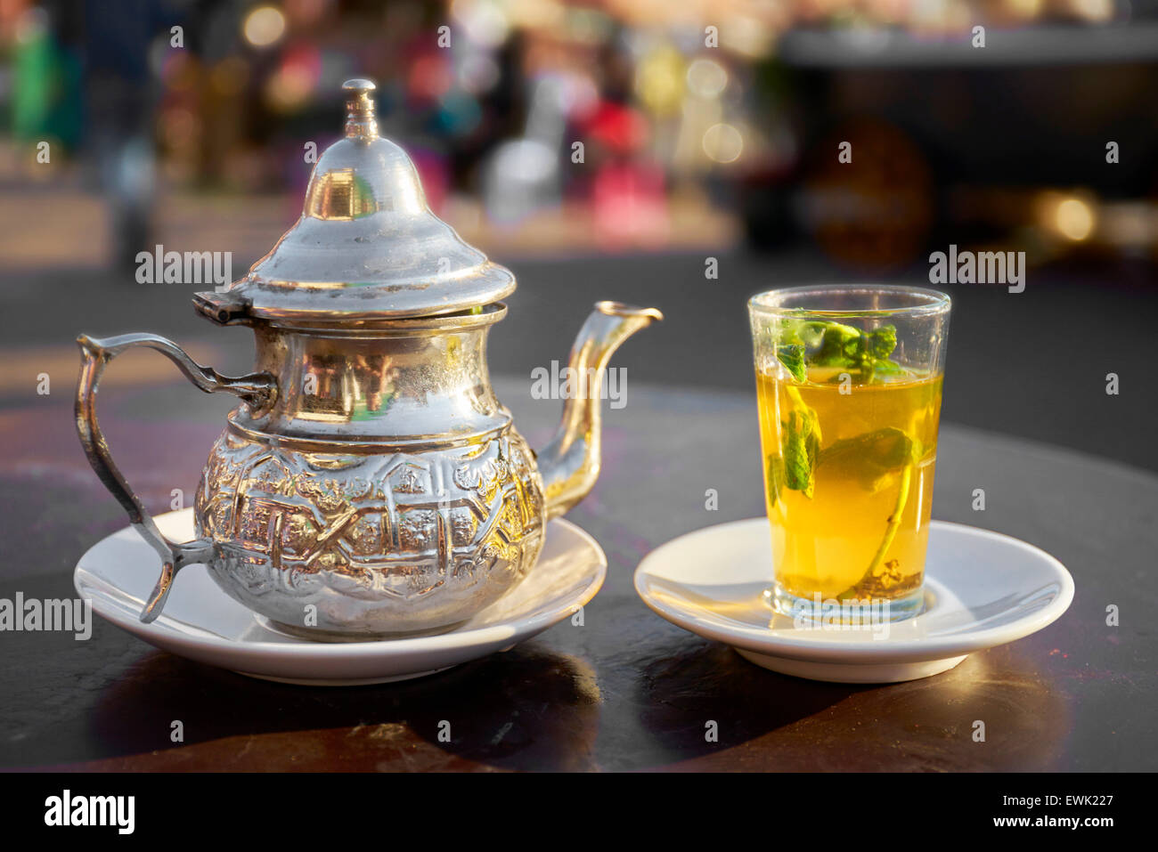 Moroccan tea served in Djemaa elFna Square, Marrakesh, Morocco, Africa