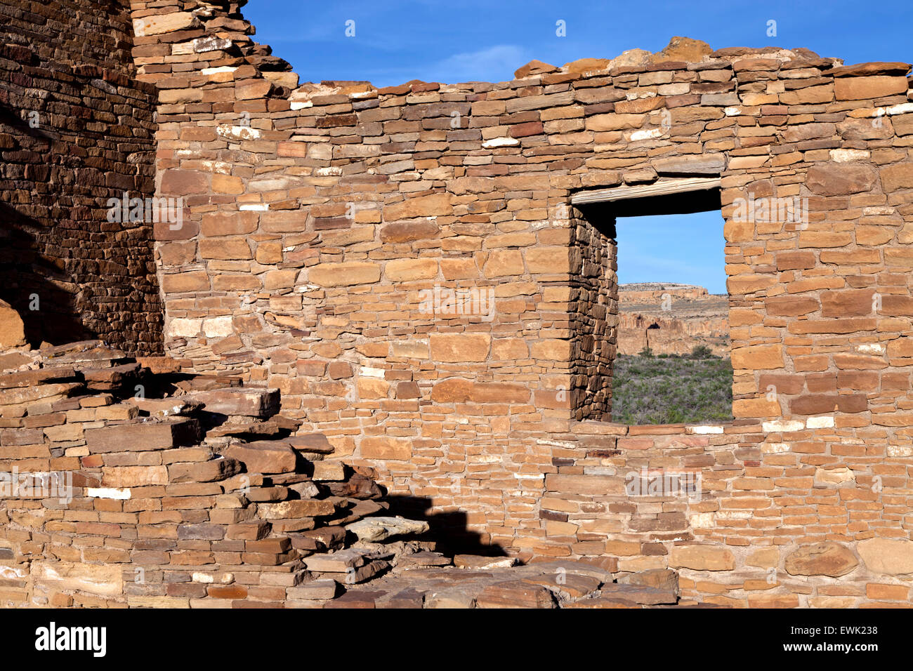 Pueblo Del Arroyo Rock Wall and Window at Chaco Culture National Historic Park. Stock Photo