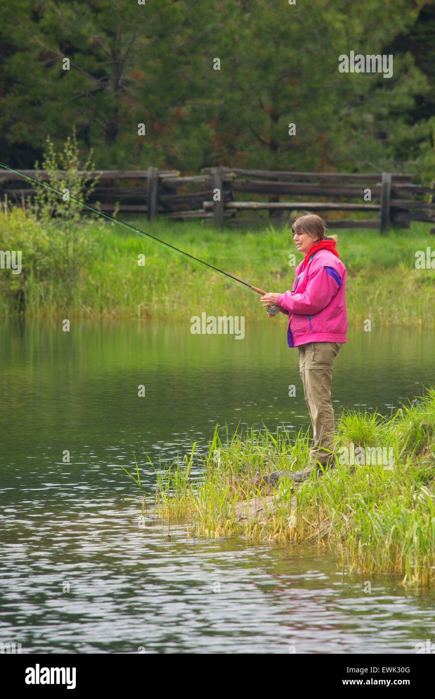 Fishing at Trout Farm Campground, Malheur National Forest, Oregon Stock