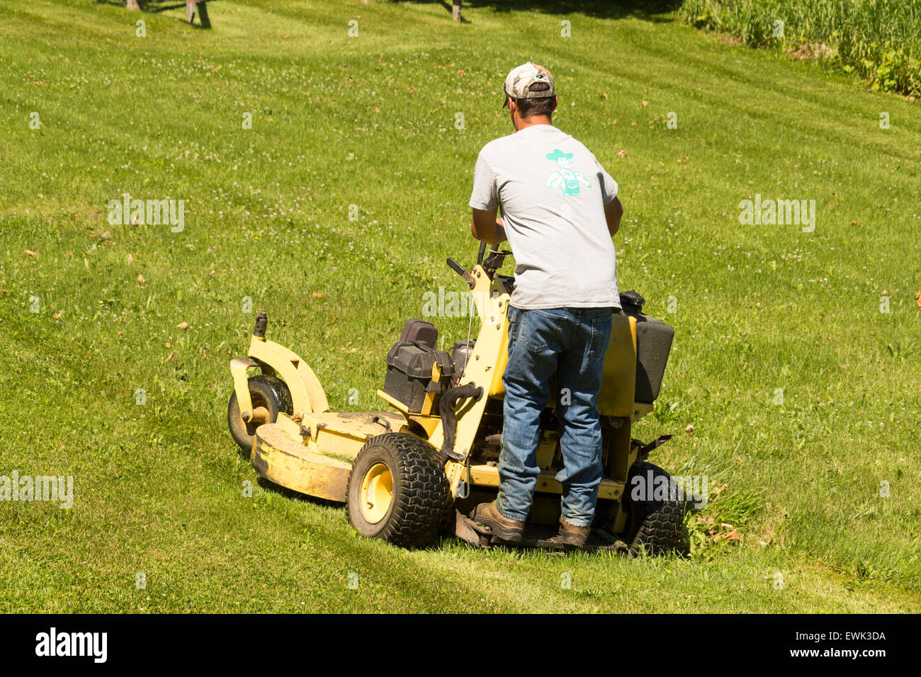 Man standing on lawn tractor mowing a large lawn Stock Photo