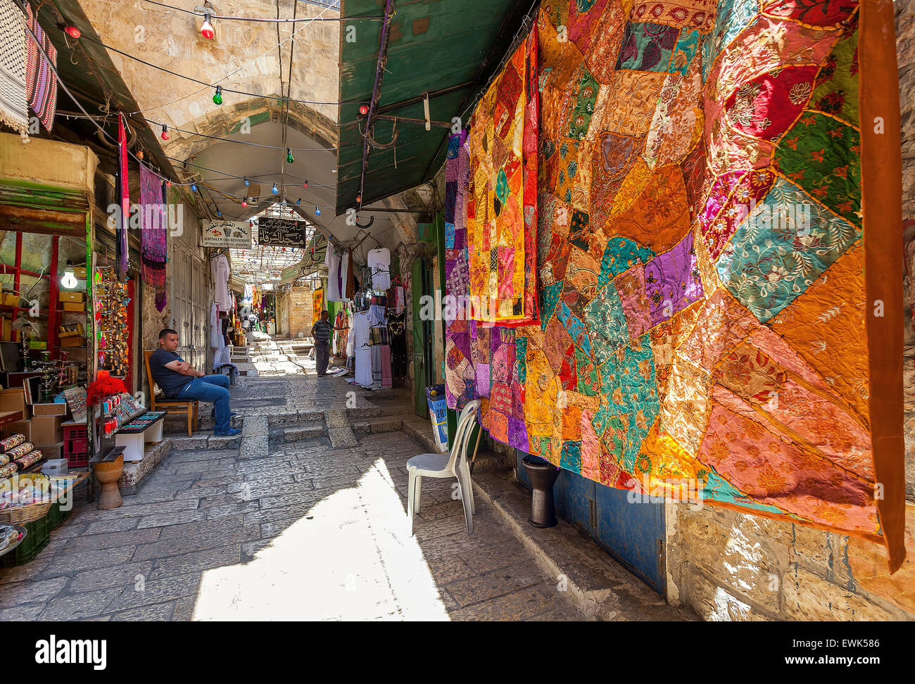 Traditional colorful carpets on bazaar in Jerusalem, Israel Stock Photo