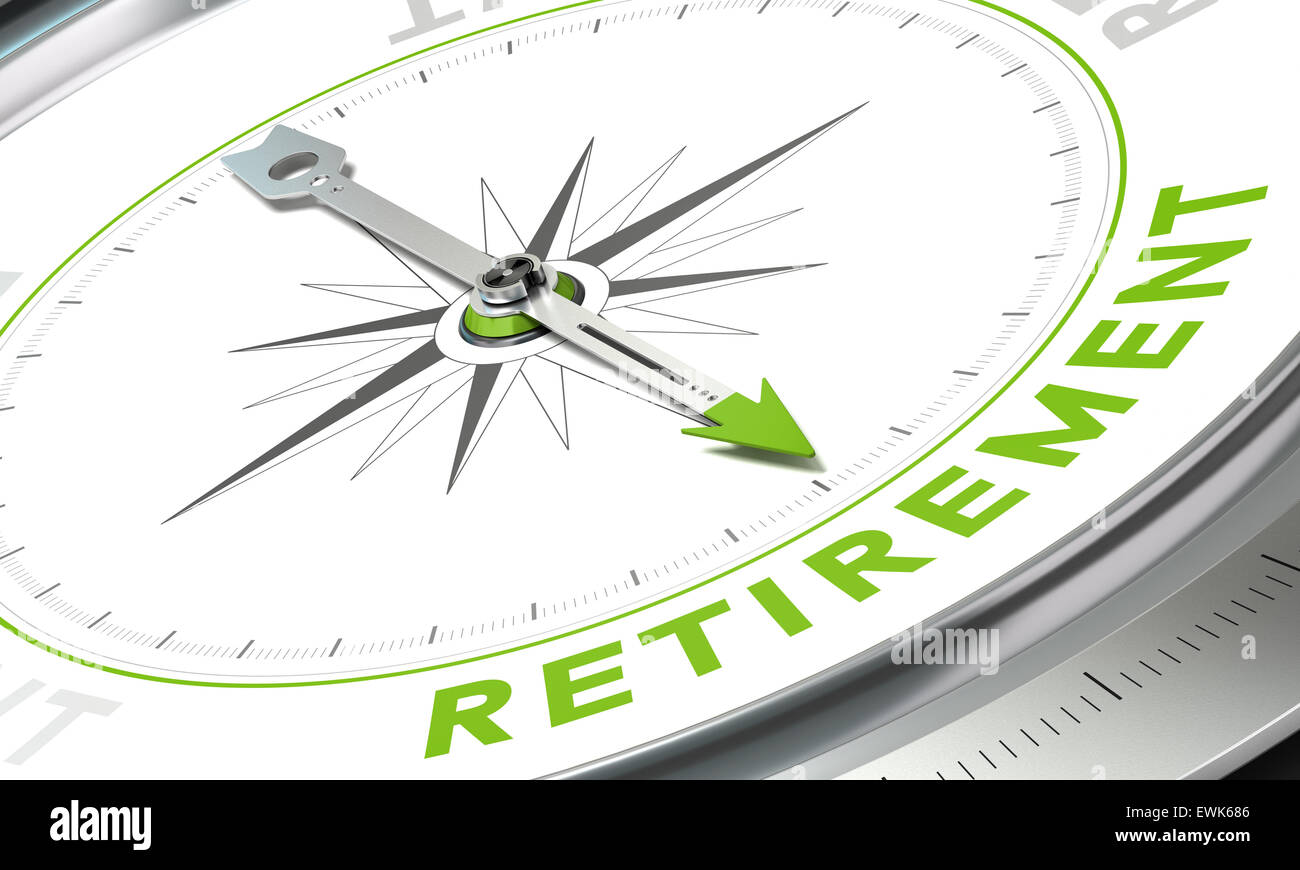 Compass with needle pointing the word retirement. Conceptual illustration for planning or make retirement savings. Stock Photo