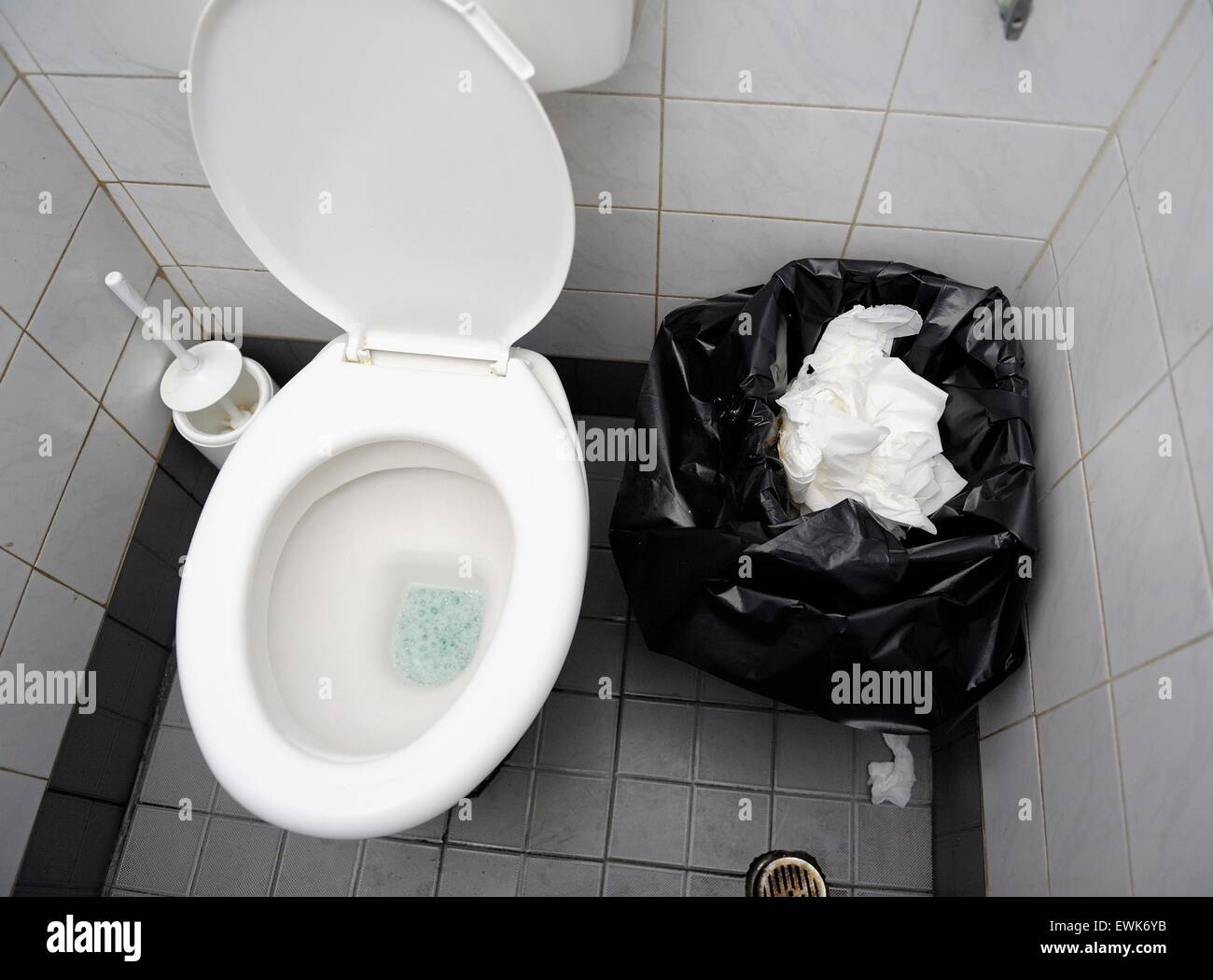 A typical greek toilet with a bin to put used toilet paper in. Stock Photo