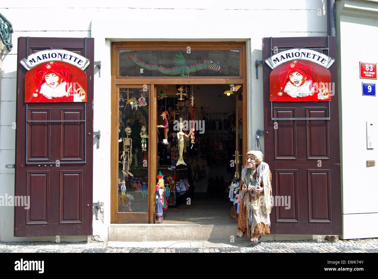 Souvenir puppets (Marionettes) for sale in a city centre shop, Prague, Czech Republic, Eastern Europe. Stock Photo