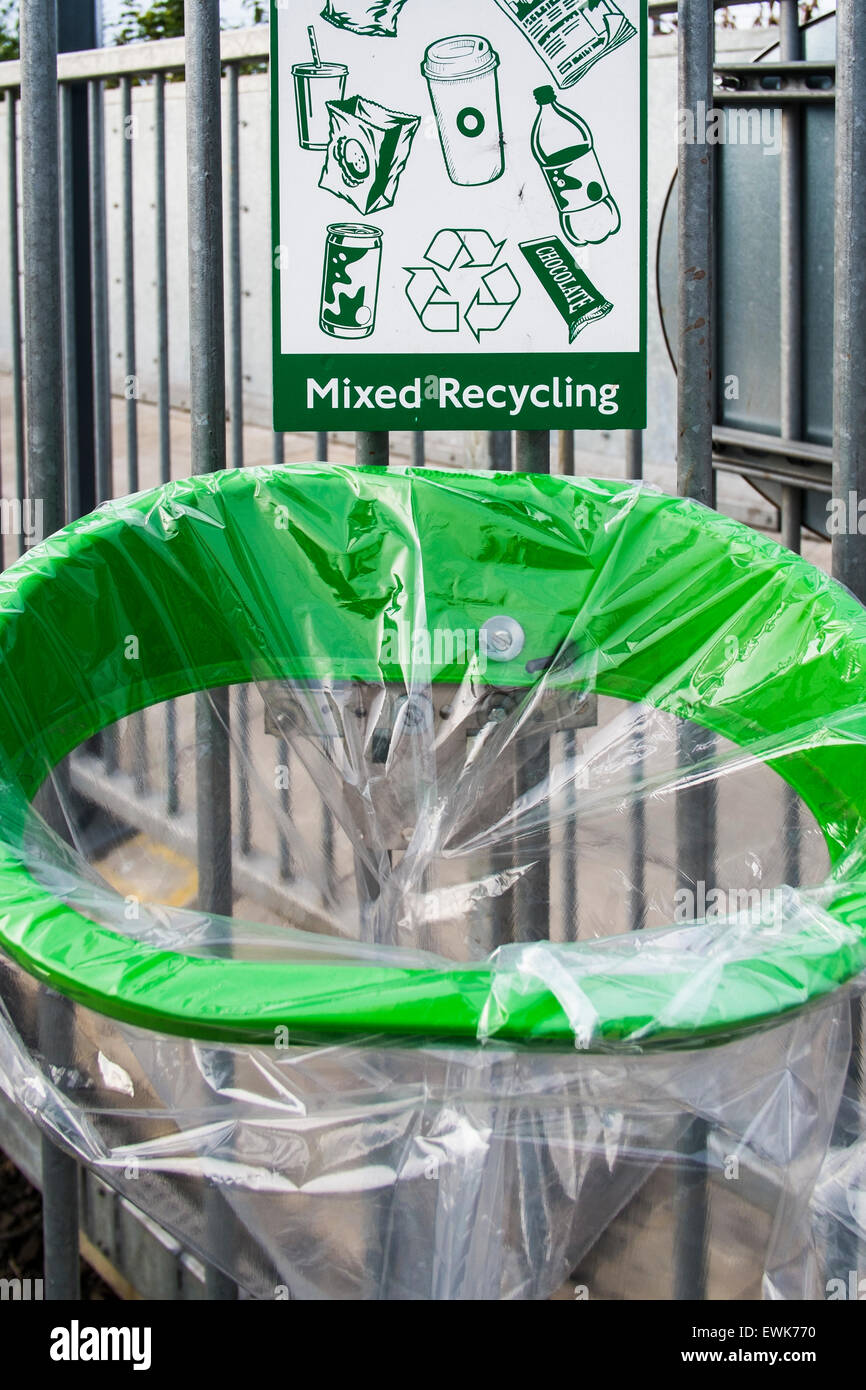 Mixed recycling rubbish bin on platform at Willesden Junction, London
