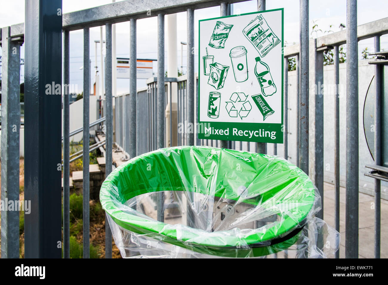 Mixed recycling rubbish bin on platform at Willesden Junction, London