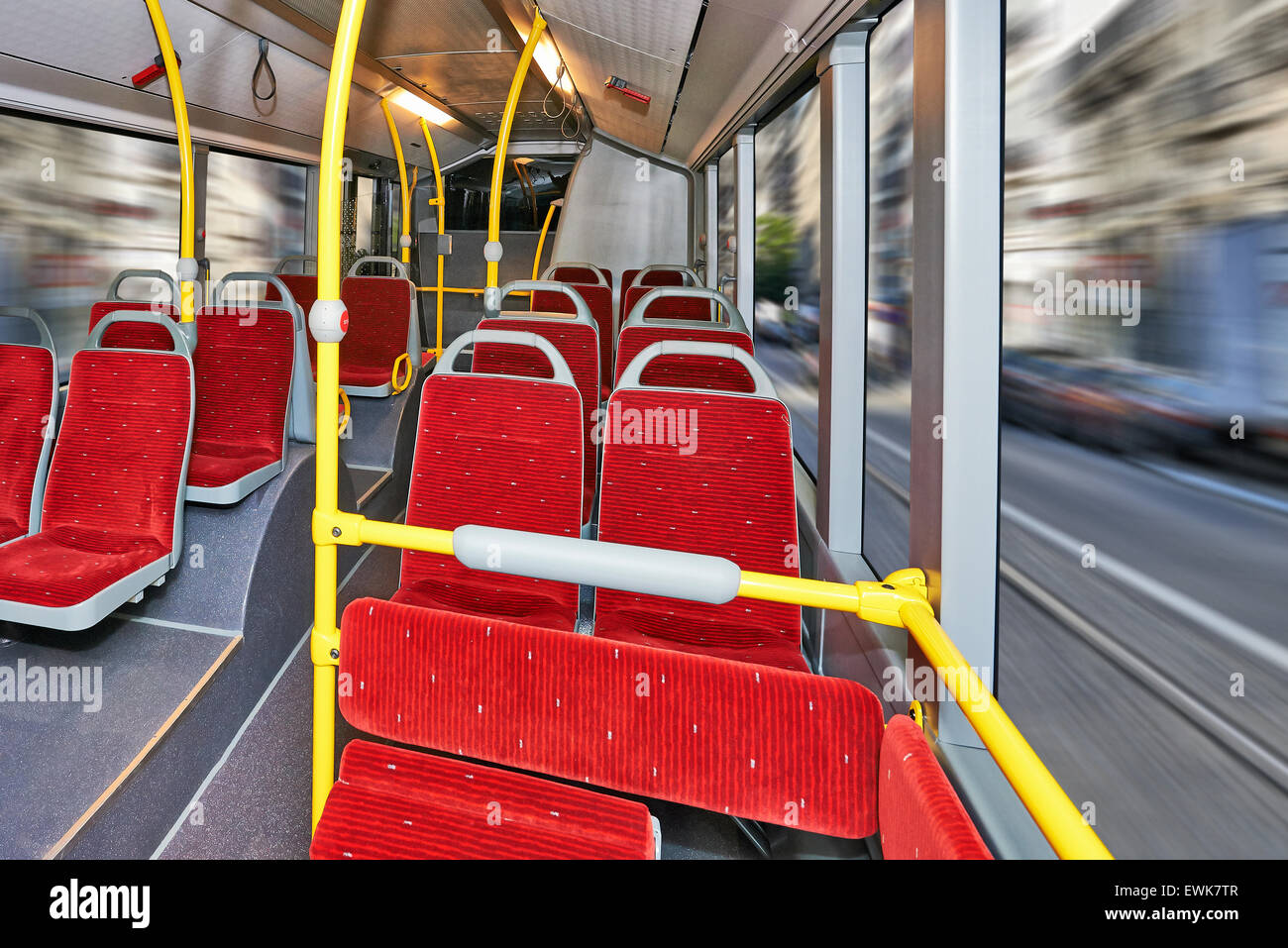 Public Transportation, City Bus Interior with red seats and streets