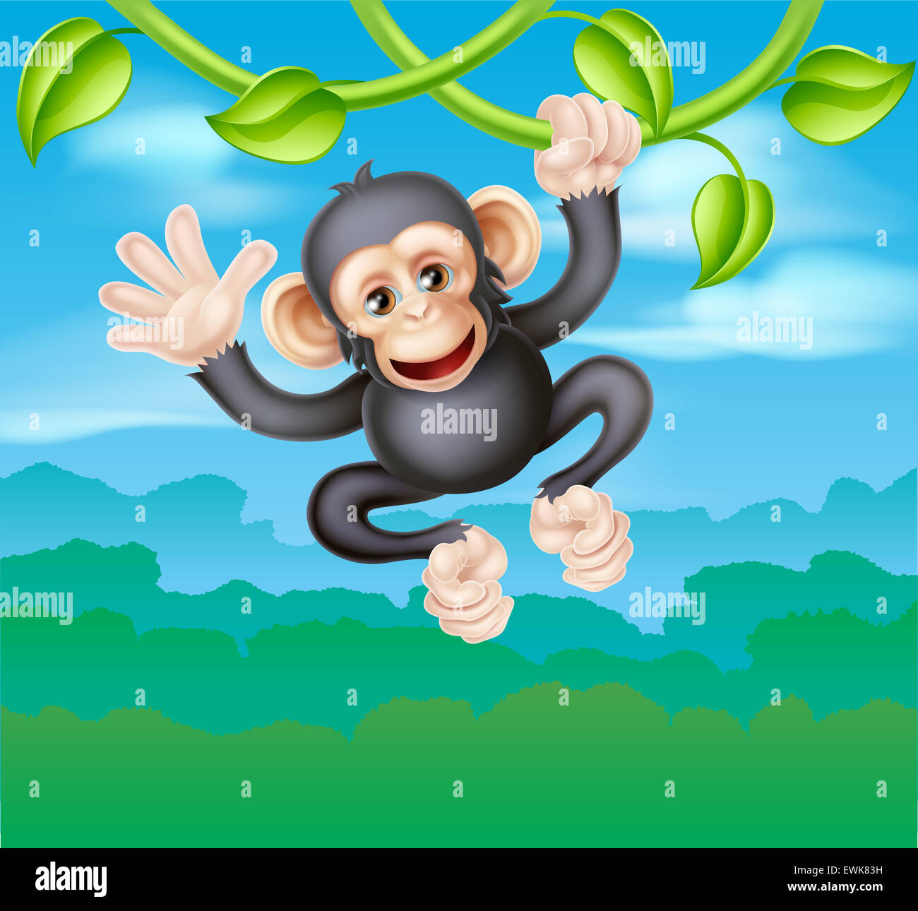 A cute cartoon chimp primate, similar in appearance to a monkey, character swinging from vines in the trees of a jungle and wavi Stock Photo
